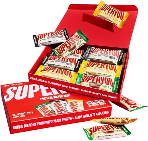 Superyou Assorted Protein Wafer Mini Bars (Pack Of 20)| 5g Protein | Made with Atta &amp; Jowar | No Added Sugar | Yeast Ferme