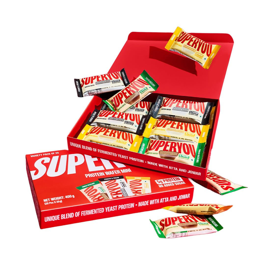 Superyou Assorted Protein Wafer Mini Bars (Pack Of 20)| 5g Protein | Made with Atta &amp; Jowar | No Added Sugar | Yeast Ferme