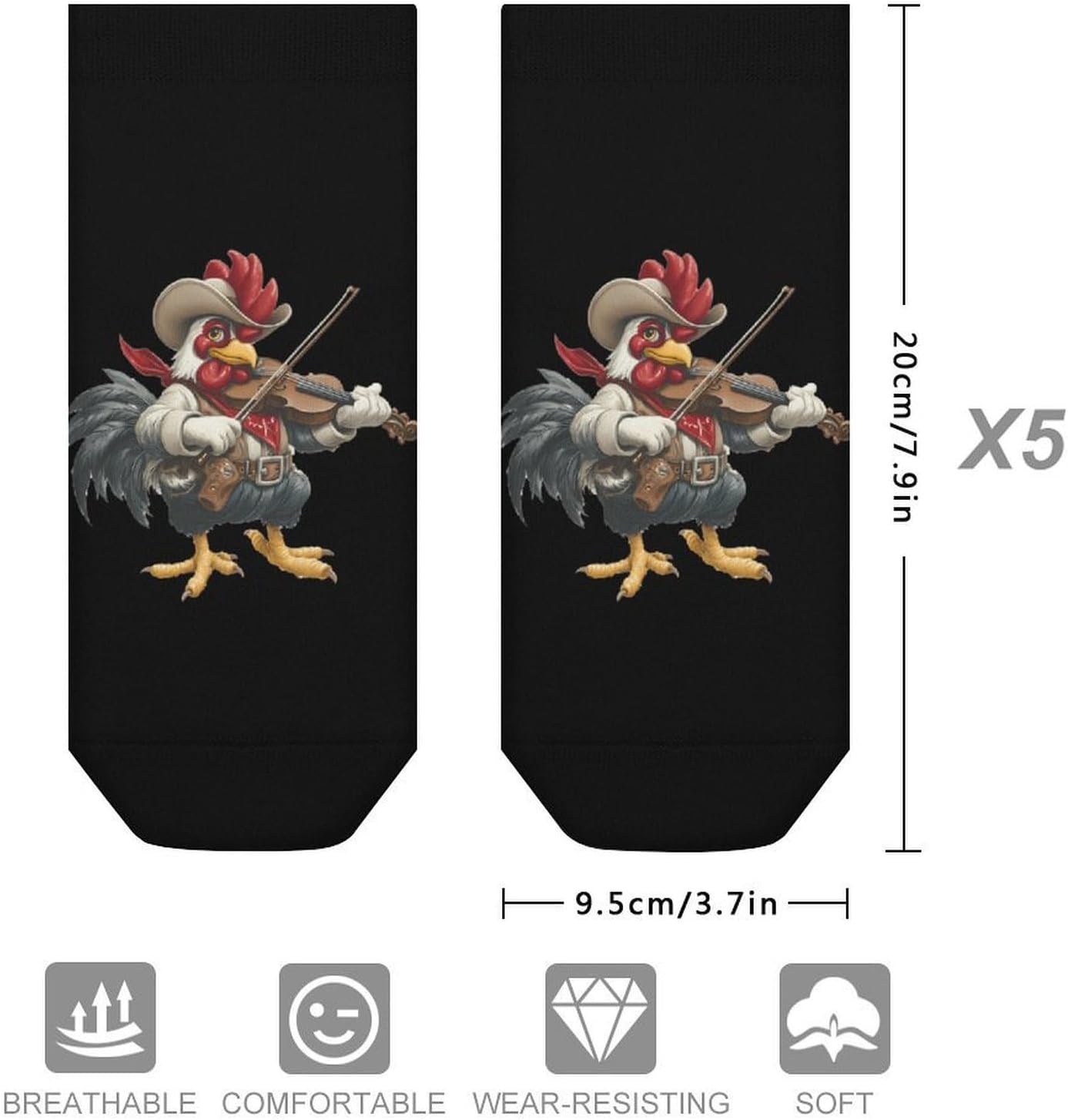 Funny Rooster Violin Socks for Men Women 5 Pairs Ankle Socks