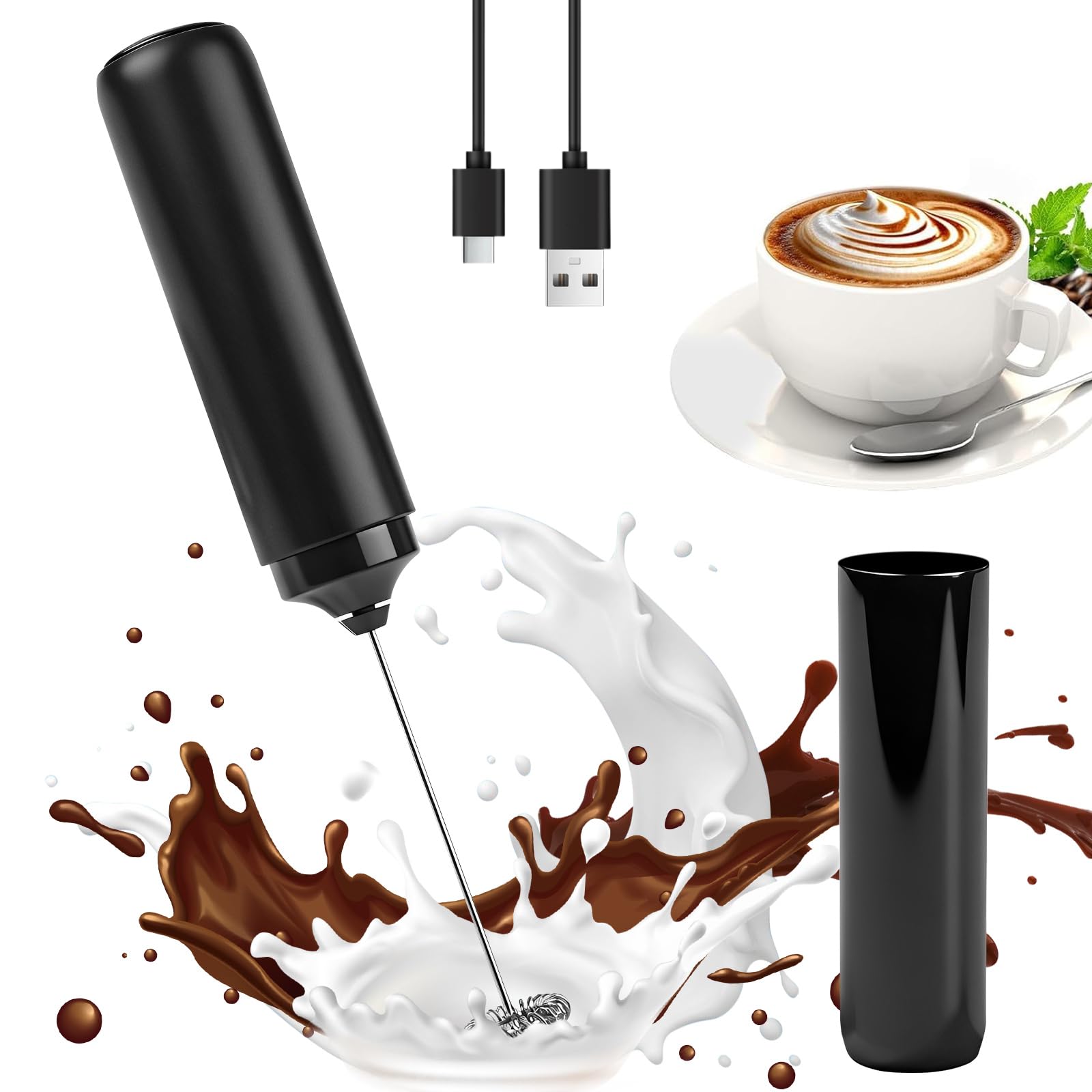 Rankomu Handheld Electric Milk Frother Portable Rechargeable with Type-C, 304 Stainless Steel Foam Rod, 1W RPM for Cappuccino Latte Foam, for Outdoor Indoor Kitchen Household