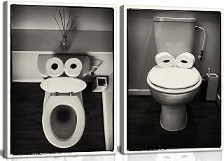 2Pcs Funny Bathroom Canvas Wall Art Black and White Posters Toilet Photos Humour Prints Paintings Maximalist Mid Century Modern Aesthetic Wall Decor for 12x16inframed