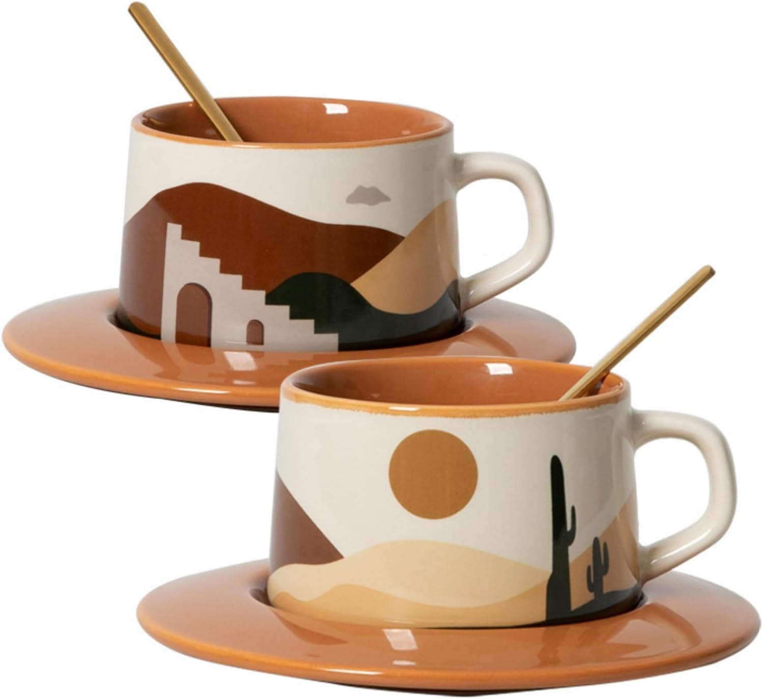 SHENDONG Latte Art Mugs Ceramic Coffee Sets of 2,Novely Tea Cups with Spoons,Creative Oasis series Mugs,250ml Coffee Cups for Cappuccino Latte Mocha,Gifts for Women and friends(Desert And Cactus)