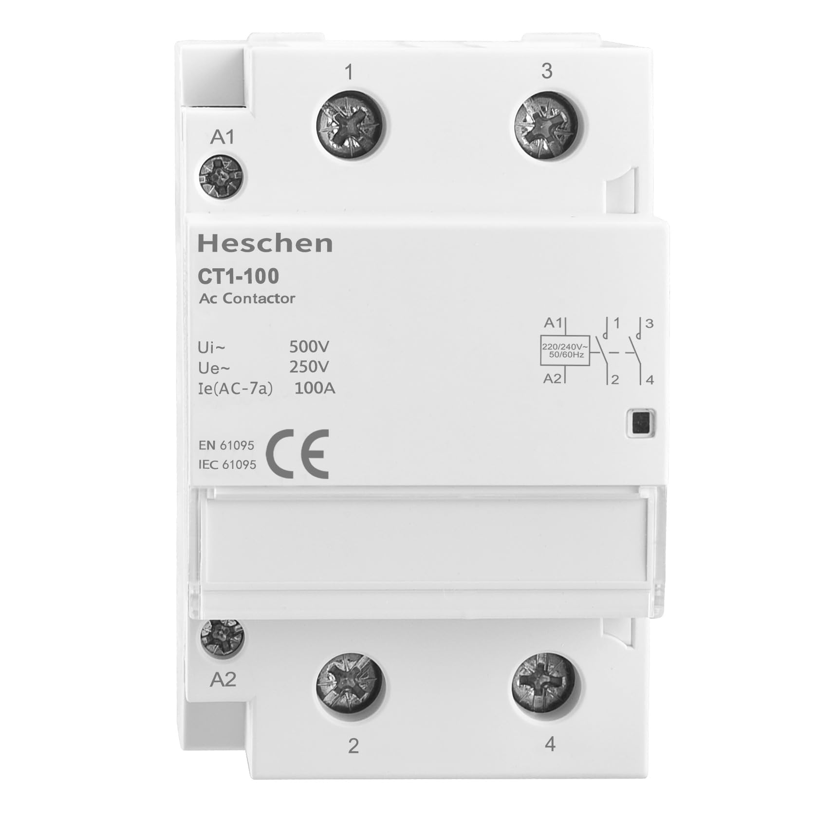 Heschen Contactor de CA para el hogar, CT1-100, 2 polos dos normalmente abiertos, voltaje de bobina de AC 220V/240V, montaje en riel DIN de 35 mm