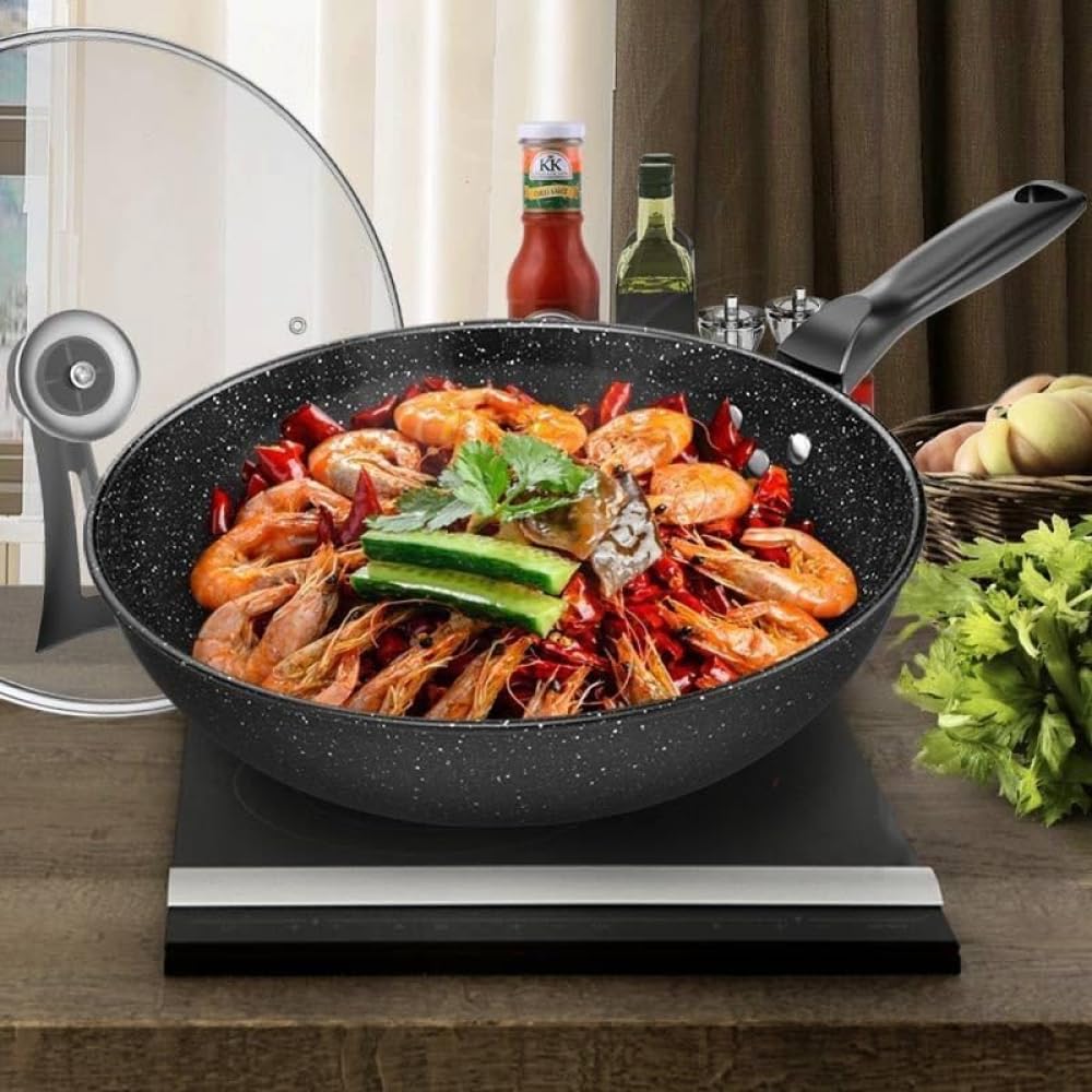 Czarny płaski spód nieprzywierający wok, 11-calowe patelnie do smażenia z powłoką z granitu, nowoczesne medyczne woki z wielowarstwową powłoką i uchwytem Stay Cool, do kuchen(30cm)