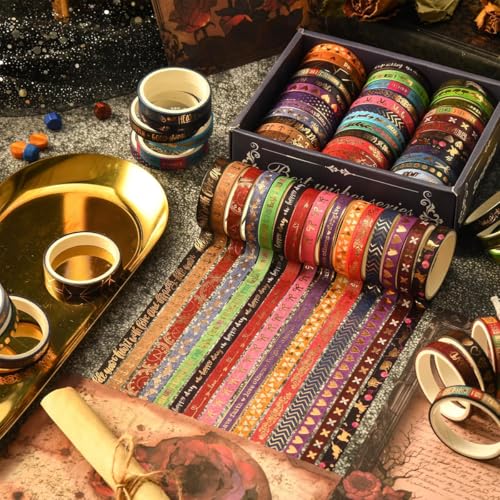 Image of HASTHIP 36 Rolls Washi Tape Set with Gold Foil, Vintage Floral Celestial Geometric Decorative Masking Tape for Scrapbooking Journaling Planner DIY Crafts, 0.7cm x 6.6ft Each