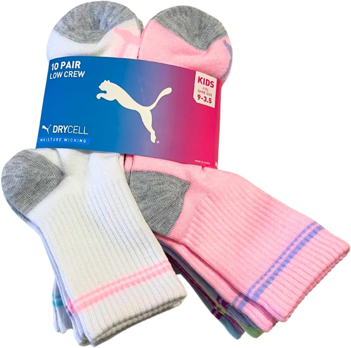 高評価!!$$超人気PUMA ガールズ ロークルーソックス、10足、キッズサイズ9-3.5 靴下のような履き心地