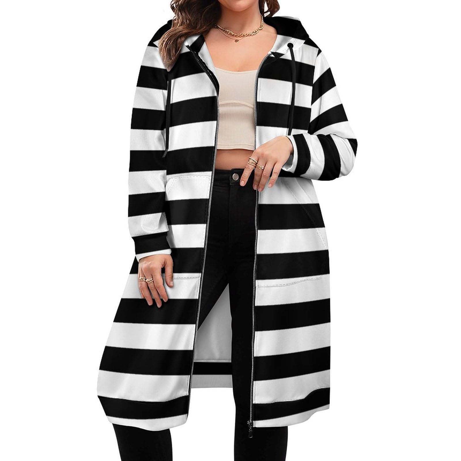Felpa Donna con Zip Felpe Sportiva con Tasche E Cappuccio Motivo A Strisce Orizzontali Morbida Invernale Giacca Regolabile Confortevole per Uso Quotidiano Casual