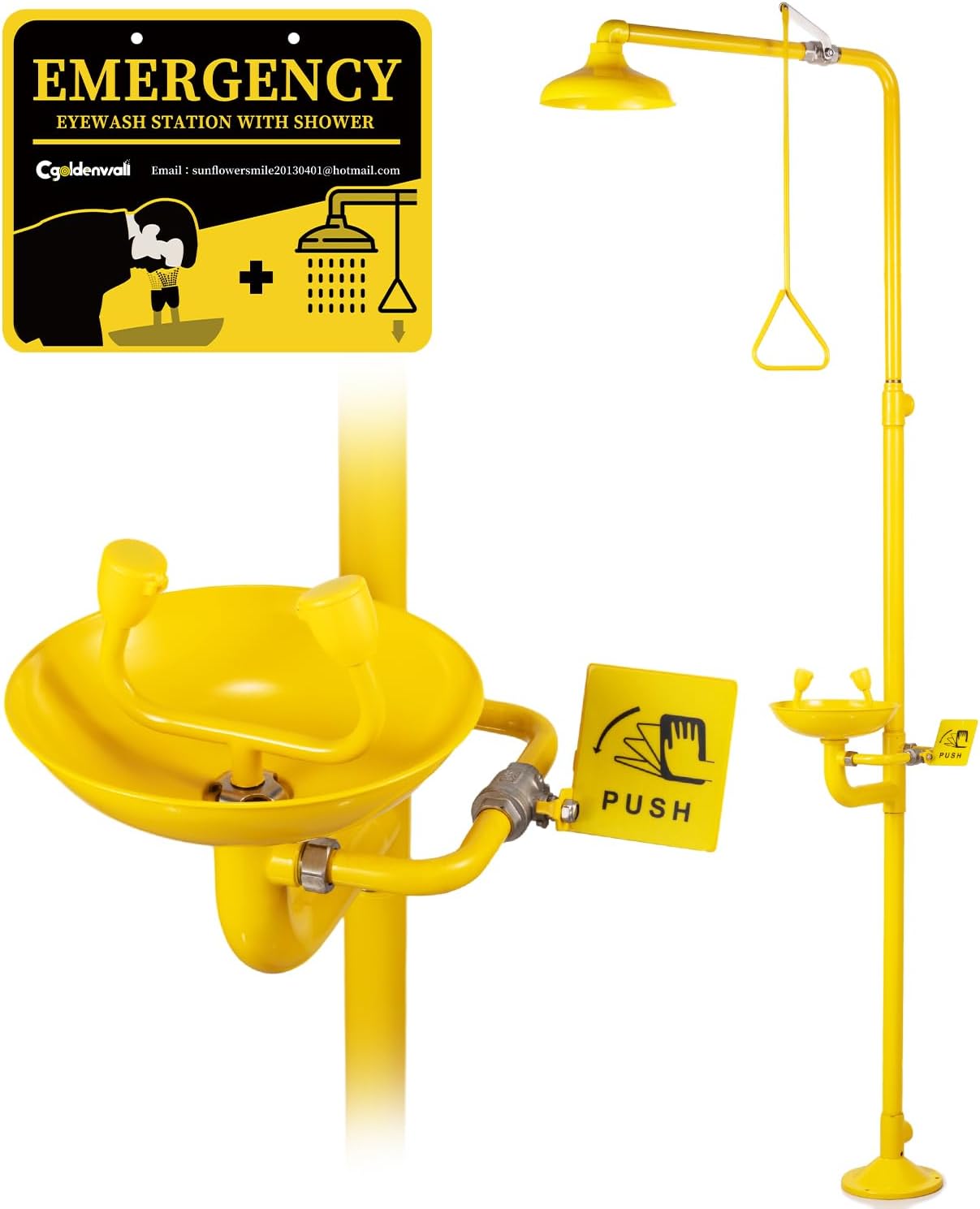 CGOLDENWALL Emergency Shower Eye Wash Station Combination Eye Wash Station with Shower, NPT Thread, with Emergency Sign, 304 Stainless Steel+Yellow Coating