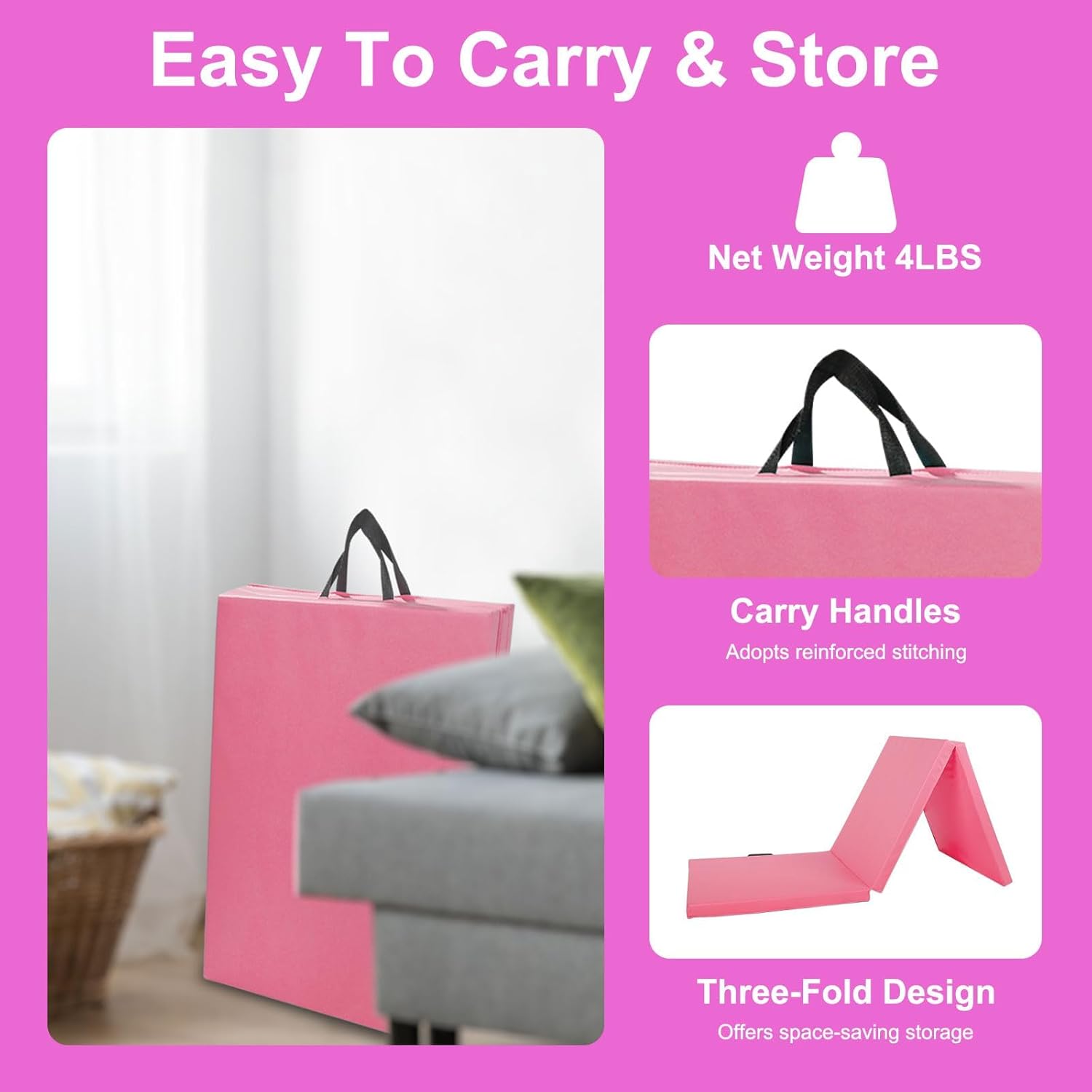 6'/8'/10' Foldable Gymnastics Mat with Carrying Handle, 2-Inch Thick Exercise Tumbling Mat for Kids, Home Exercise Fitness Mat for Aerobics, Yoga, Stretching, Blue and Pink.