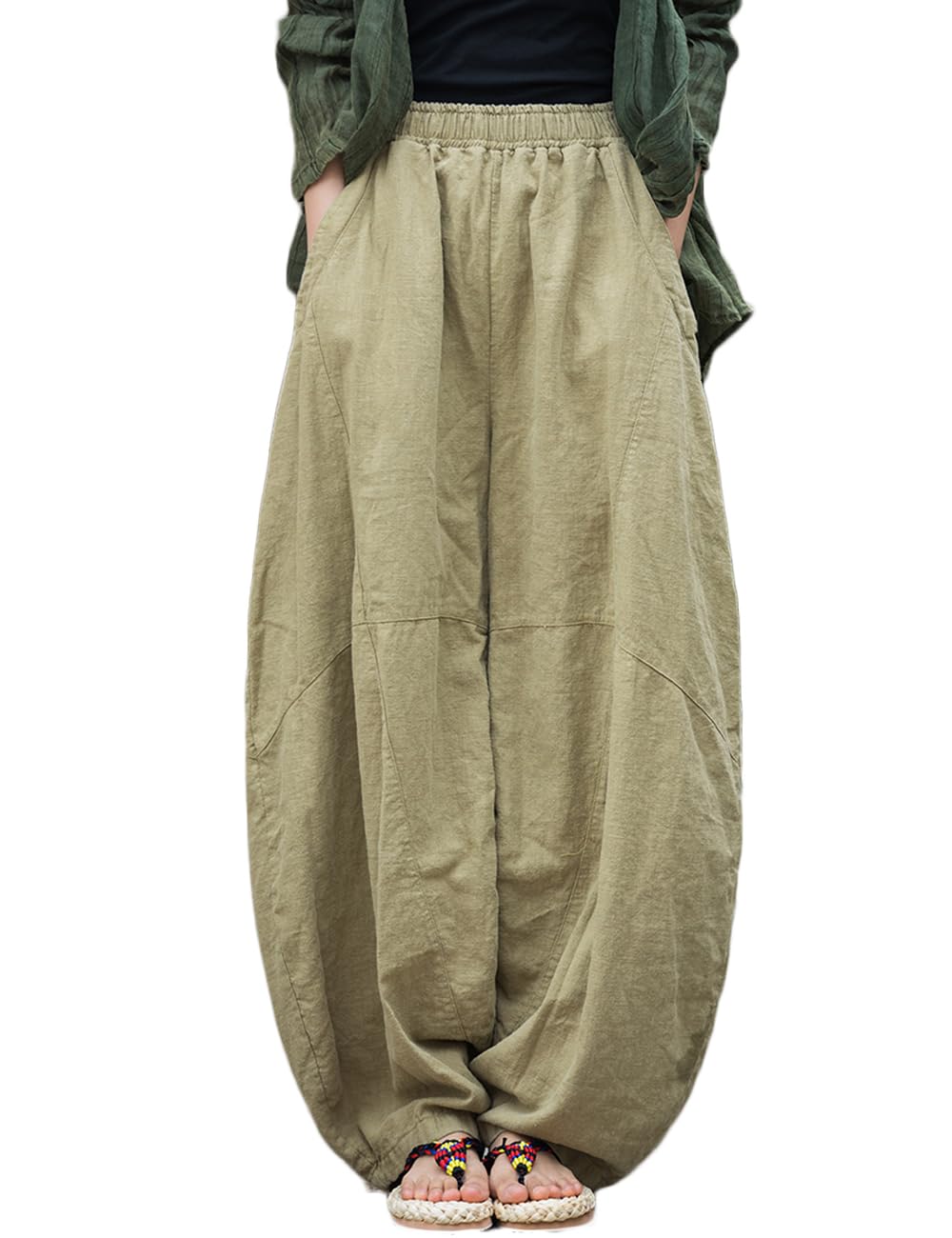NFYM Womens Vintage Cotton Linen Baggy Pants Elastic Waist Wide Leg Lantern Casual Loose Trouser