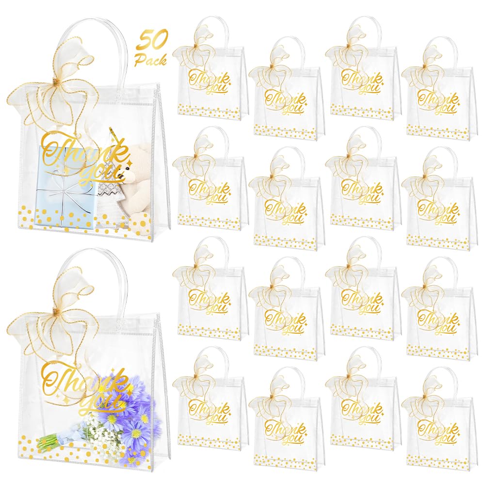 JIABEIUS 50 Pack Clear Plastic Gift Bags with Handles, Small Thank You Goodie Bags with Ribbons, Transparent 6.3" x 5.9" x 2.8" Reusable Tote Bag