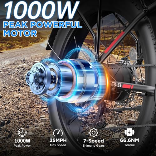 Funhang Electric Bike for Adults, 1000W Peak Ebike, 25MPH 60Miles Electric Mountain Bike, 26" Fat Tire Electric Bicycle with 48V 13AH Battery, Front Suspension,7 Speed, Rear Rack, UL 2849 Certified