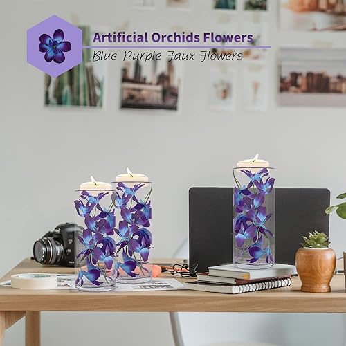 Miniatura 3 de Flores artificiales de orquídea púrpura y azul para velas flotantes, decoración de boda, fiesta de cumpleaños, hogar, bar, restaurante (12 unidades)