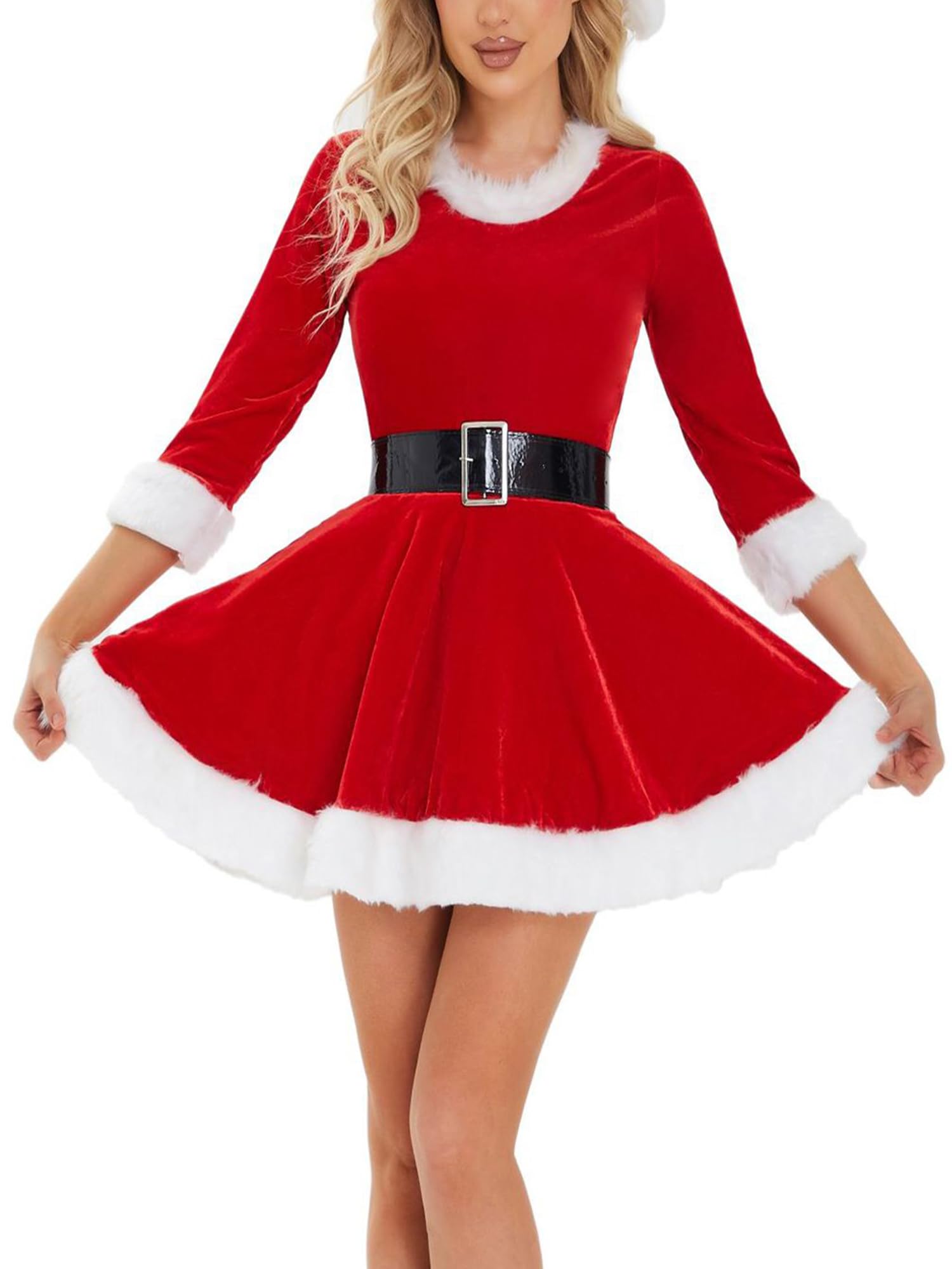 Lshyuehao Mrs Claus Costume for Women Christmas Santa Costume Dress Fancy Dress Xmas Outfit Velvet Cosplay Party Dress (C-Red, XL)