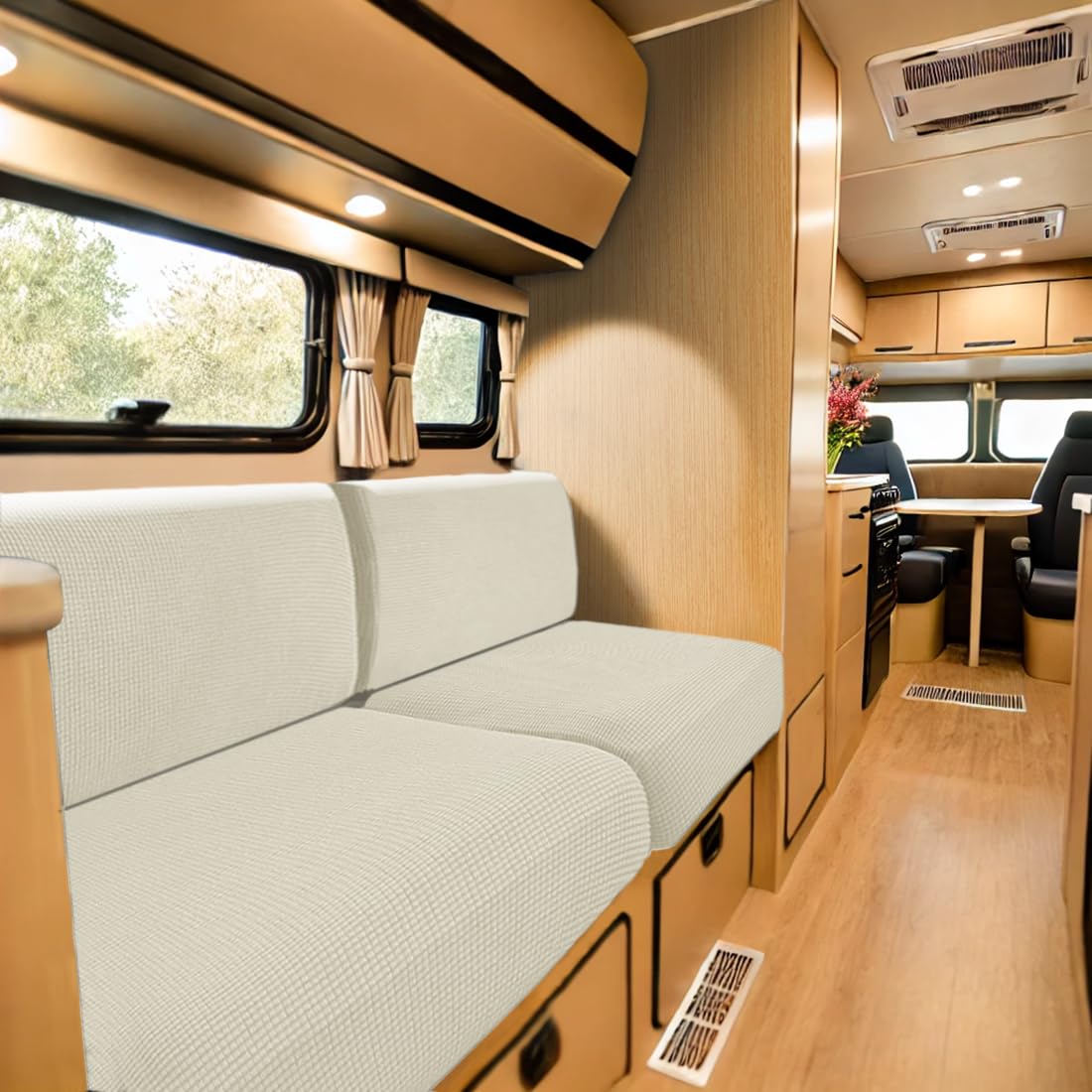 SYLC Bezüge Für Wohnwagenpolster Jacquard, rutschfeste Wohnmobil Sitzbezüge Mit 2 Cord, Sofa Sitzkissenbezug Für Schonbezug Wohnwagen Polster (Ivory,W 135-165 cm, D 95-115 cm)