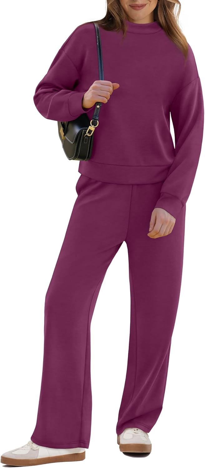 WIHOLL Two Piece Sets for Women Fall Outfits Lounge Sets Mock Neck Tops Wide Leg Pants Vacation Travel Airport Outfits - Image 2