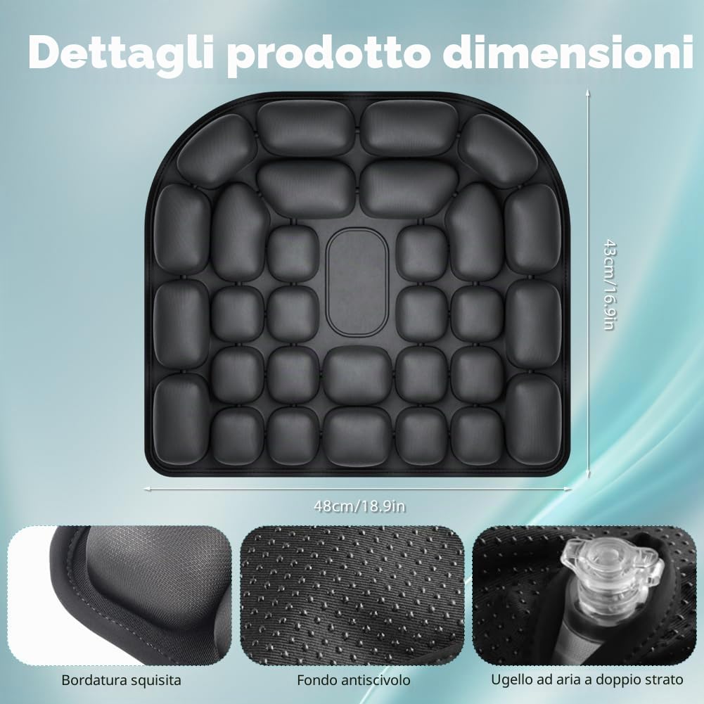 Cuscino da decubito, gonfiabile, 45 x 40 cm, nero, anti-decubito, con celle d'aria 3D, per scarico del coccige, in ufficio, auto, sedia a rotelle, viaggi, cuscino aereo