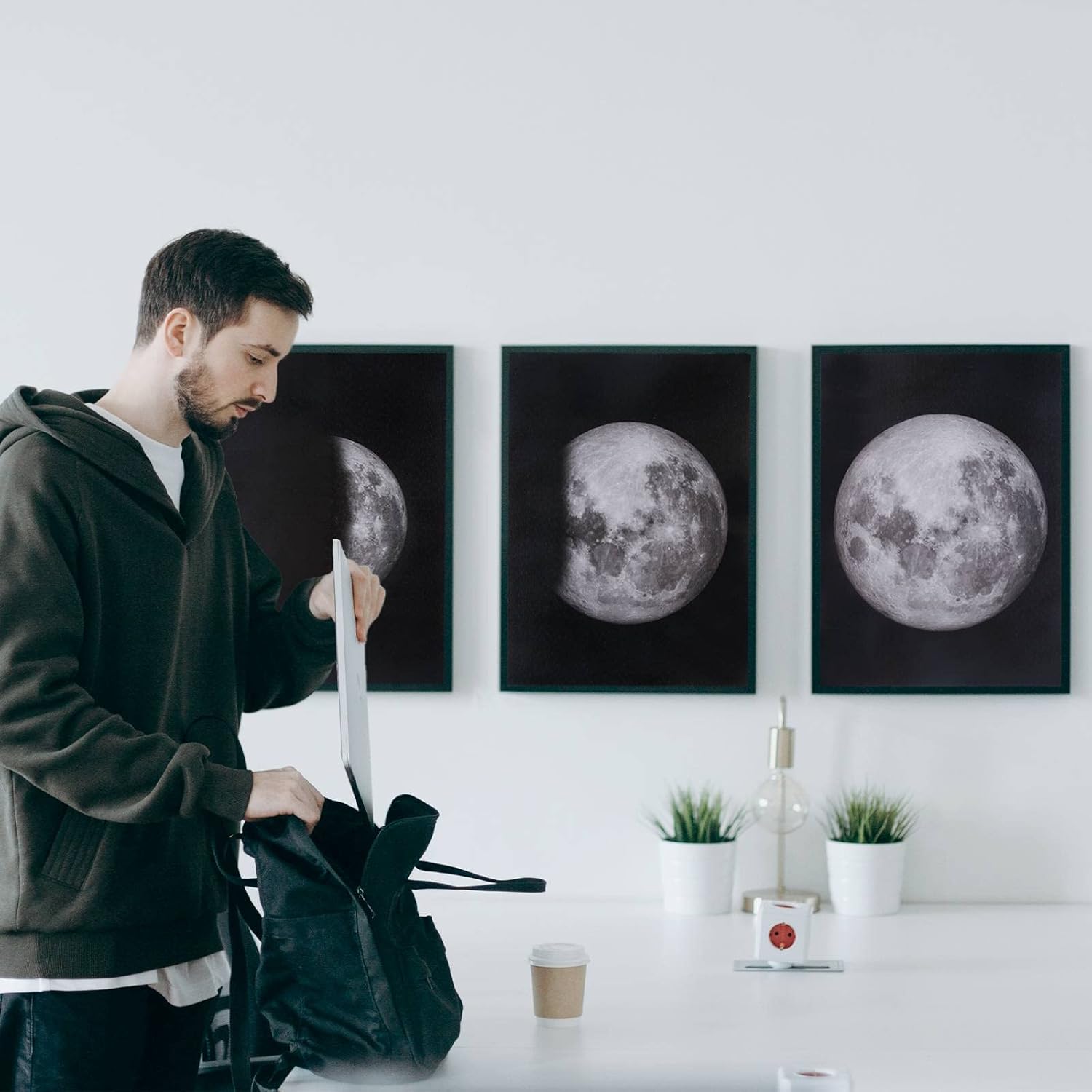 Moon Phase Wall Art, Room Dcor Canvas, Framed 3 Panels, Suitable for Bedroom, Living Room, Office, 12 x 16 Inches,Black and White