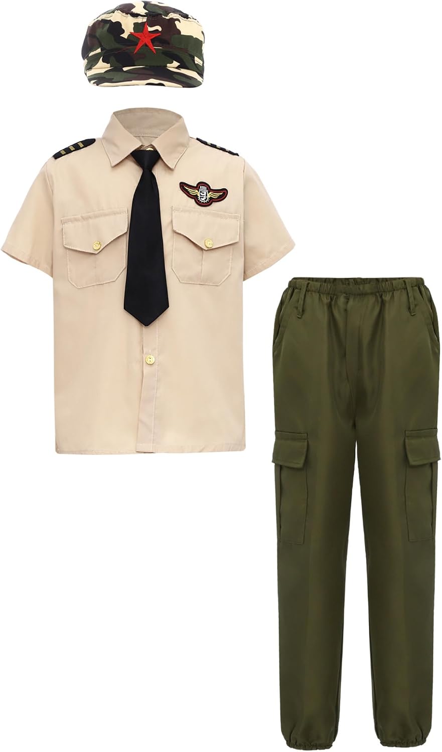 Unisex Kids 4 Pieces Solider Uniforms Chorus Training Camp Outfit Short Sleeve Top Cap Tie Bottom