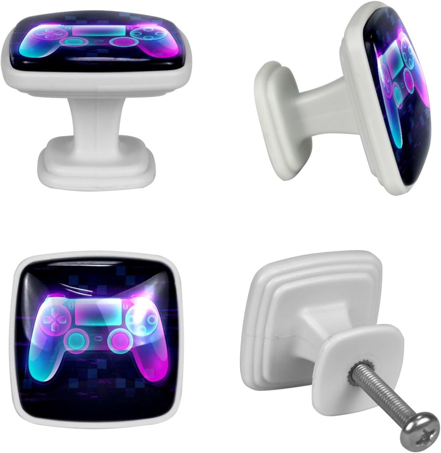 4 Pack Cabinet Knobs Neon Gaming Controller Drawer Knobs Square Glass Knobs Dresser Pulls Hardware Cupboard Wardrobe Handles for Kitchen, Glowing in The Dark