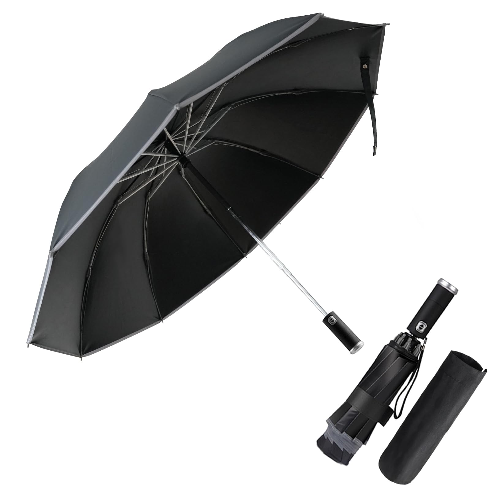 Pioggistar Men's Black Windproof Folding Umbrella, Automatic Reverse Umbrella, Large Rain Umbrella, 10 Reinforced Ribs For And Wo, With Torch, Diameter 105 Cm, 105 Centimetri