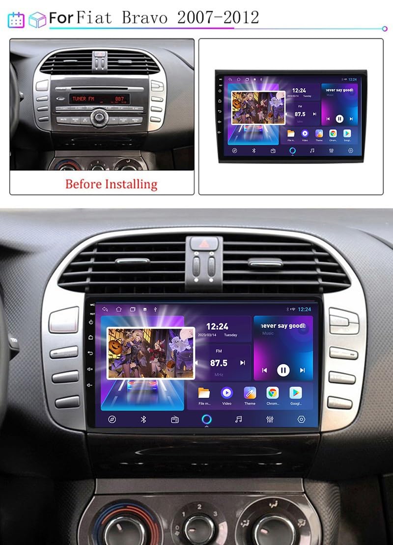 Autoradio 2 DIN Android 14 9 Pollici Touchscreen per Fiat Bravo 2007-2012 Plug-And-Play con CarPlay/Android Auto+Bluetooth+Comandi al Volante+Telecamera Posteriore,4 Core WiFi 1G+16G