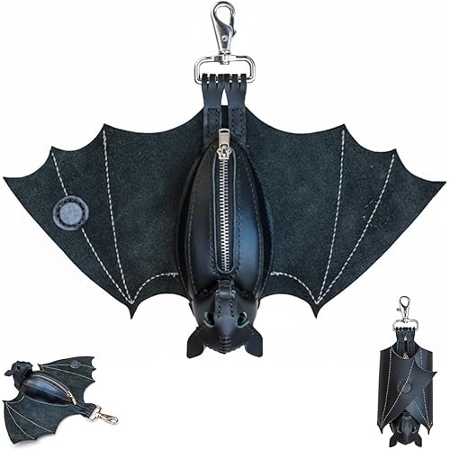 Leather Bat Coin Purse, Handmade Gothic Bat Coin Pouch with Wings, Hand-sewn Hanging Bat Zippered Coin Holder, Leather Suede Bat Keychain Wallet for Bags & Belts (1PC)