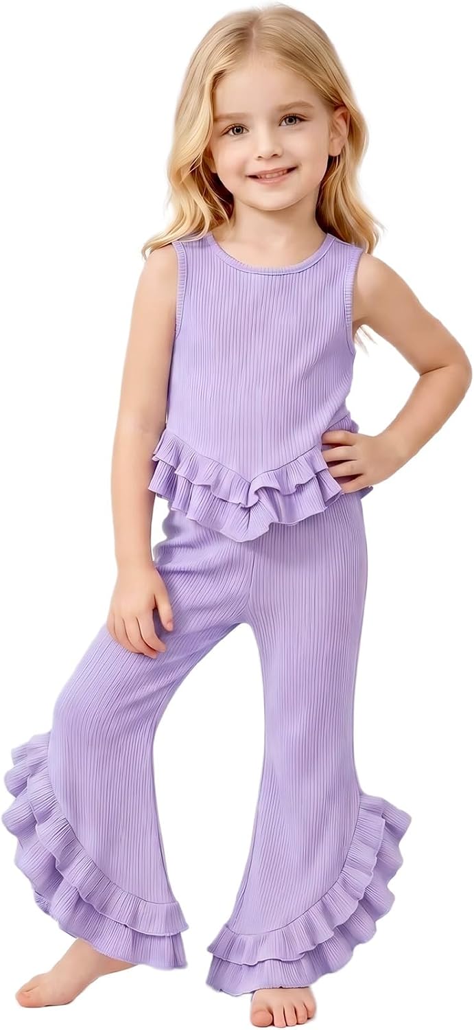 Girls 2 Piece Sleeveless Top and Long Pants Set | Frilly Side-Slit Flared Long Pants, Casual