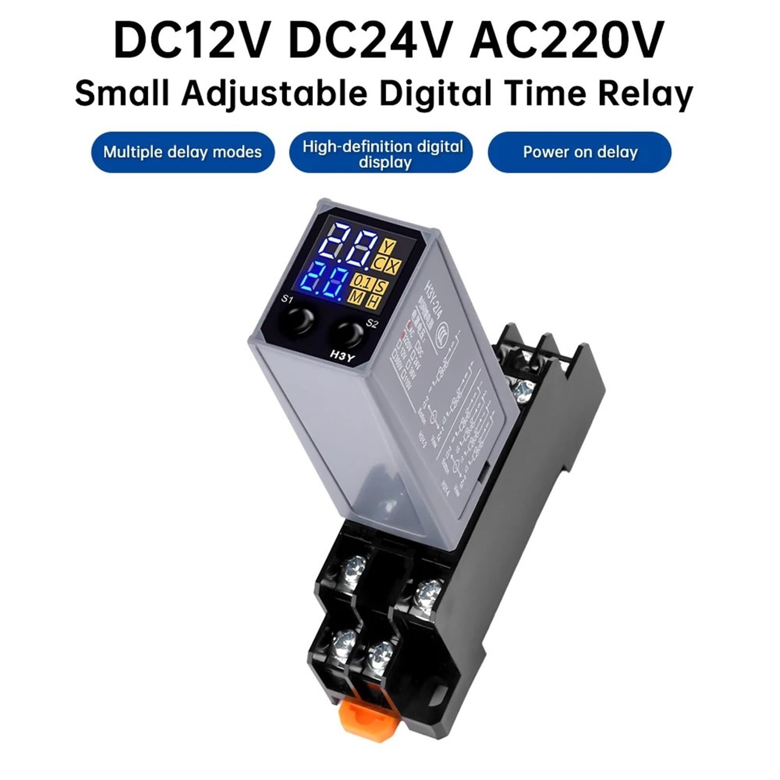 Relé de retardo con pantalla LCD, controlador de retardo de encendido, relé temporizador electrónico con base de enchufe, CC 12 V/24 V, A220 V