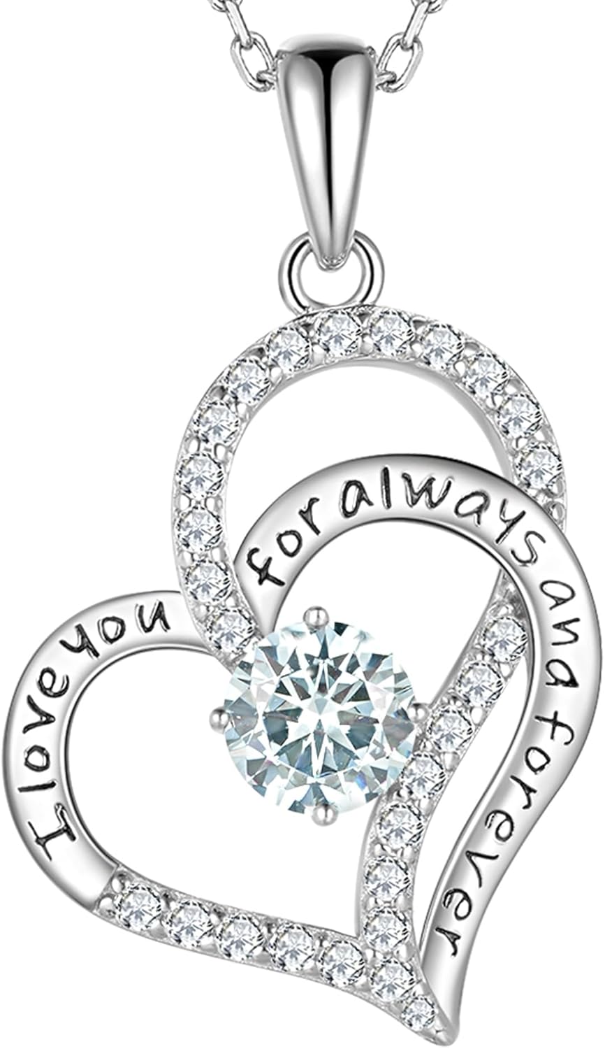 Birthday Gifts Double Heart Birthstone Necklace for Women, S925 Sterling Silver Pendant Necklace Jewelry for Her Mother Mom Wife Girlfriend