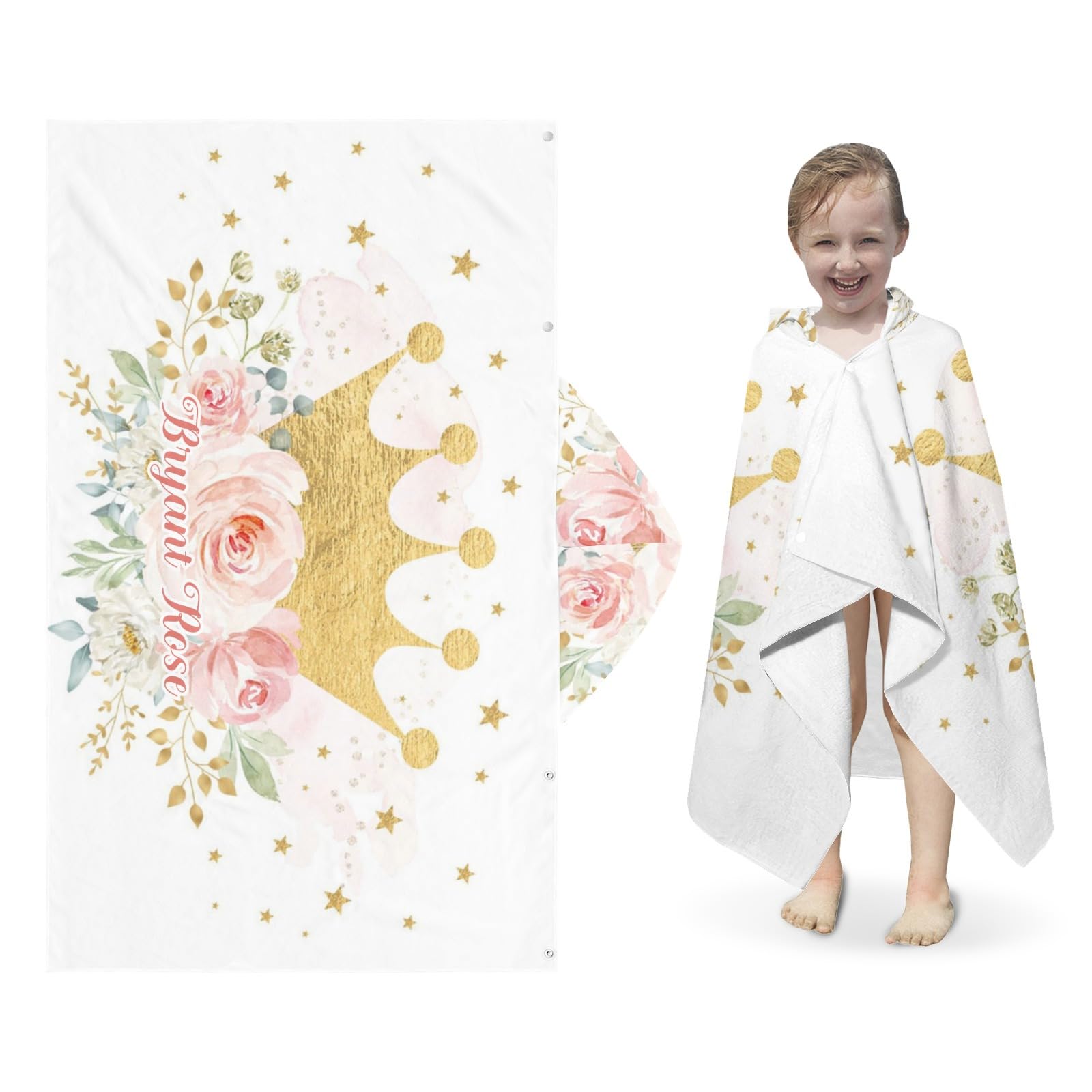 Eiis Unidesign Hooded Bath Towels Princess Crown Girl Pink Floral for Kids,Personalized Towel for Swimming Robe,Bathing,Beach,Birthday Gifts, 30x50 Inches
