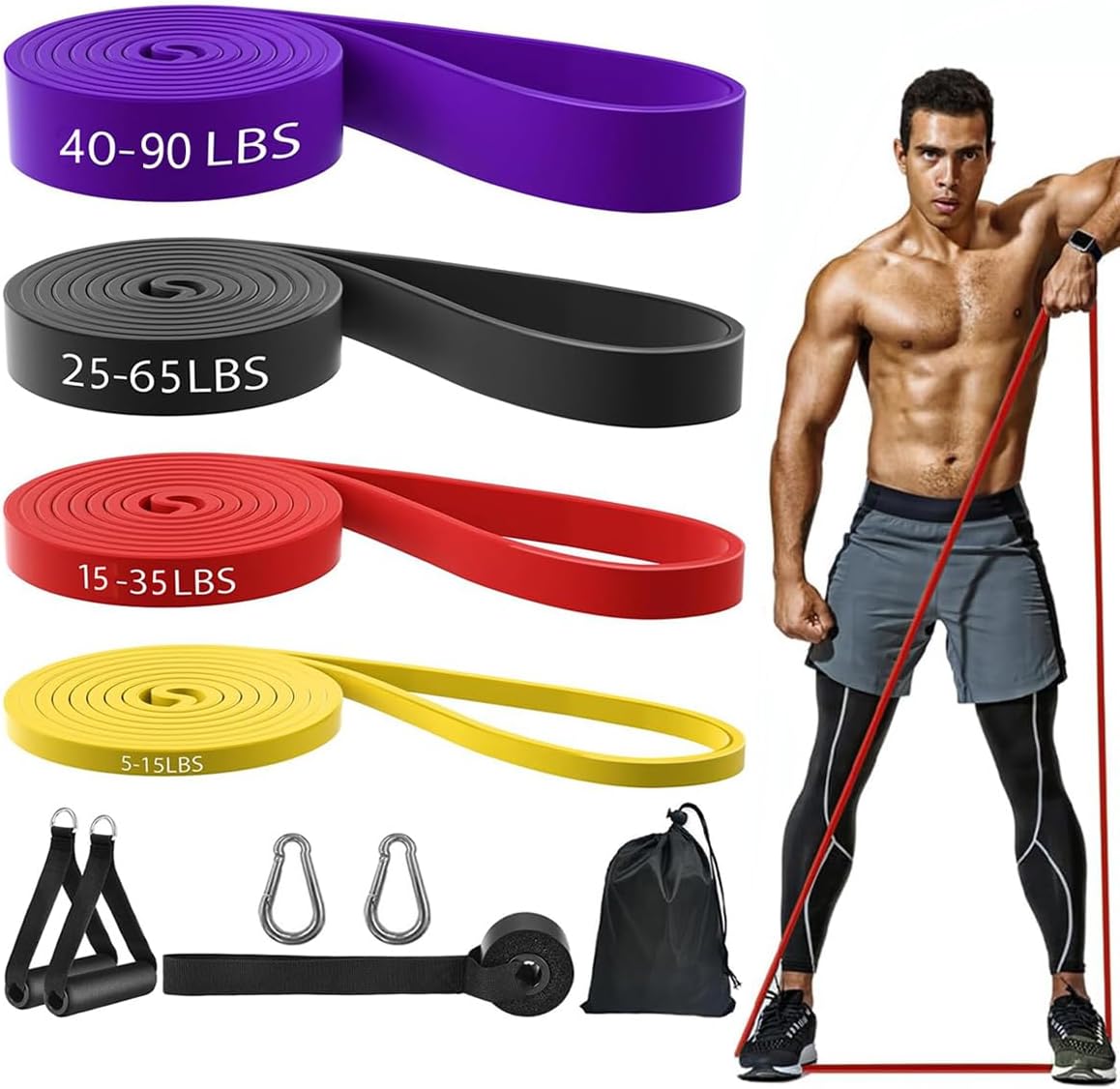 Resistance Bands Set, ibforcty Pull Up Assist Bands with Door Ancher and Handles, 4 Different Levels Workout Bands for Fitness Training, Body Stretching, Physical Therapy, Muscle Training