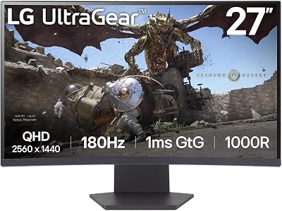 LG UltraGear Curved Gaming Monitor 27GS60QC, 27 inch, 1440p, 180Hz, 1ms Response Time, VA Panel, AMD FreeSync, Smart Energy Saving, DisplayPort, HDMI
