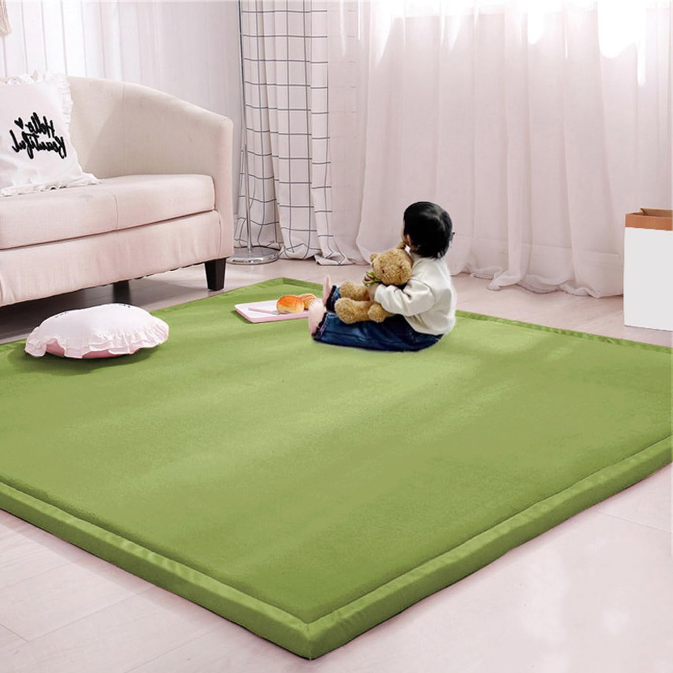 Rr tianshi Large Area Rug Crawling Play Mat,Soft Coral Velvet Children Study Carpet Play Mat Non-slip Tatami Yoga Mat for Living Room Bedroom (80 * 80cm,Green)