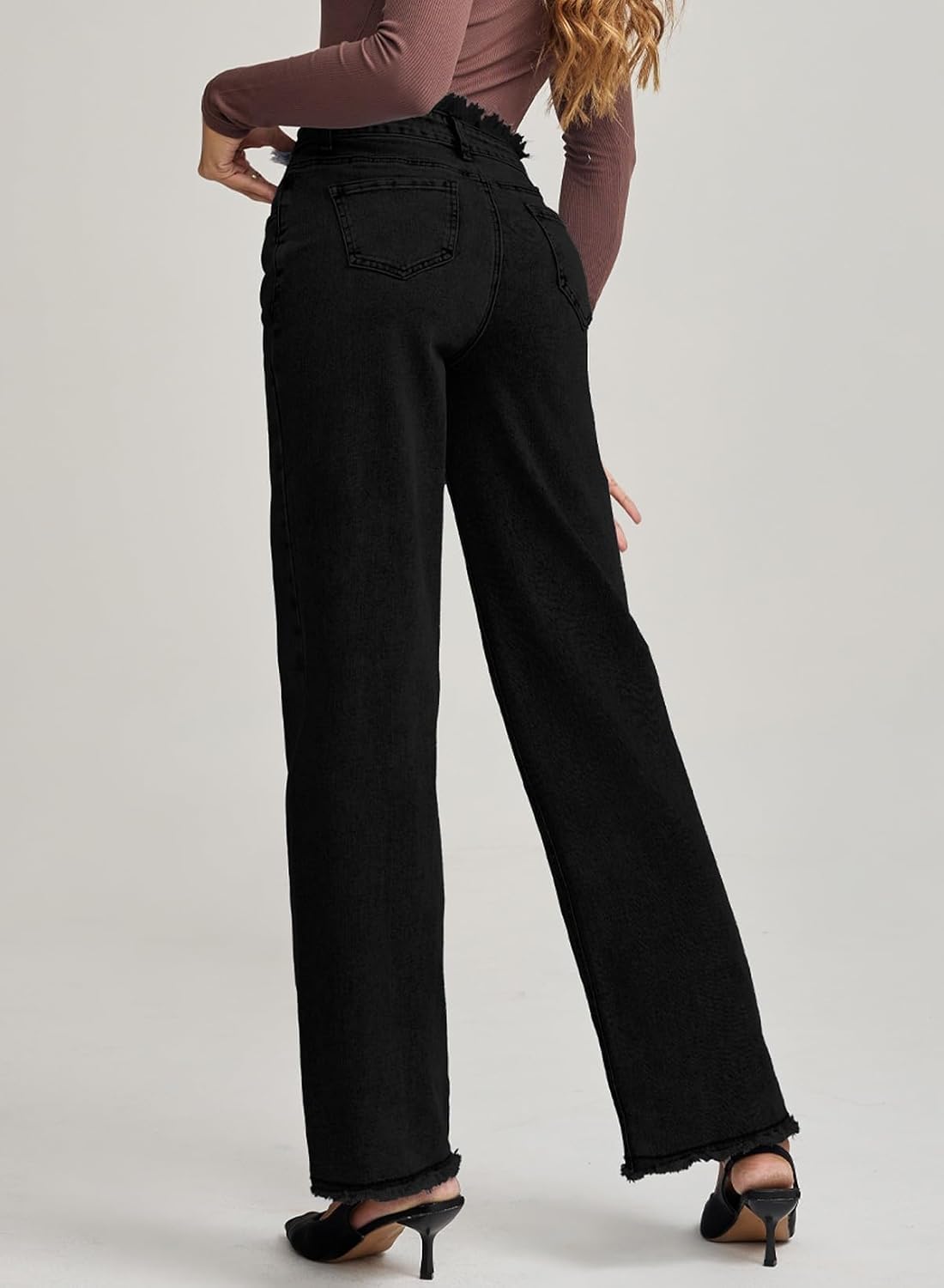 Astylish Womens High Waisted Raw Hem Jeans Stretchy Wide Leg Frayed Straight Denim Pants image 2