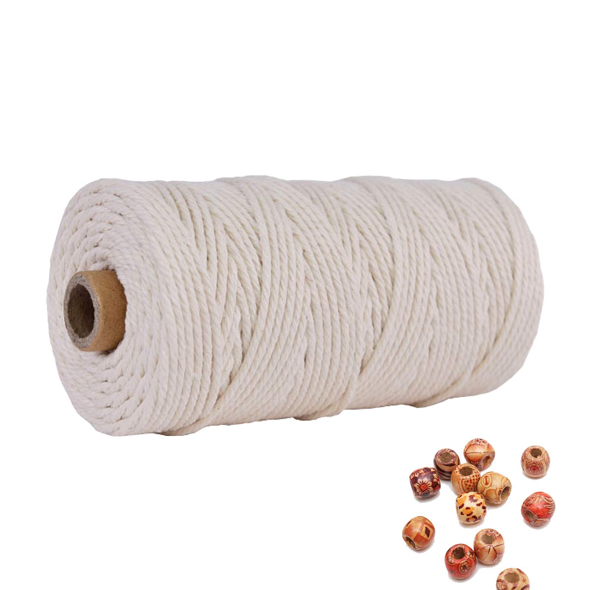 Makramee-Kordel 3 mm 109 Meter beige 1 Packung, natürliches Baumwollseil für farbige Makramee-Stricken, 4 Stränge, gedrehtes Baumwollseil, handgefertigter farbiger Wandbehang, Webteppich