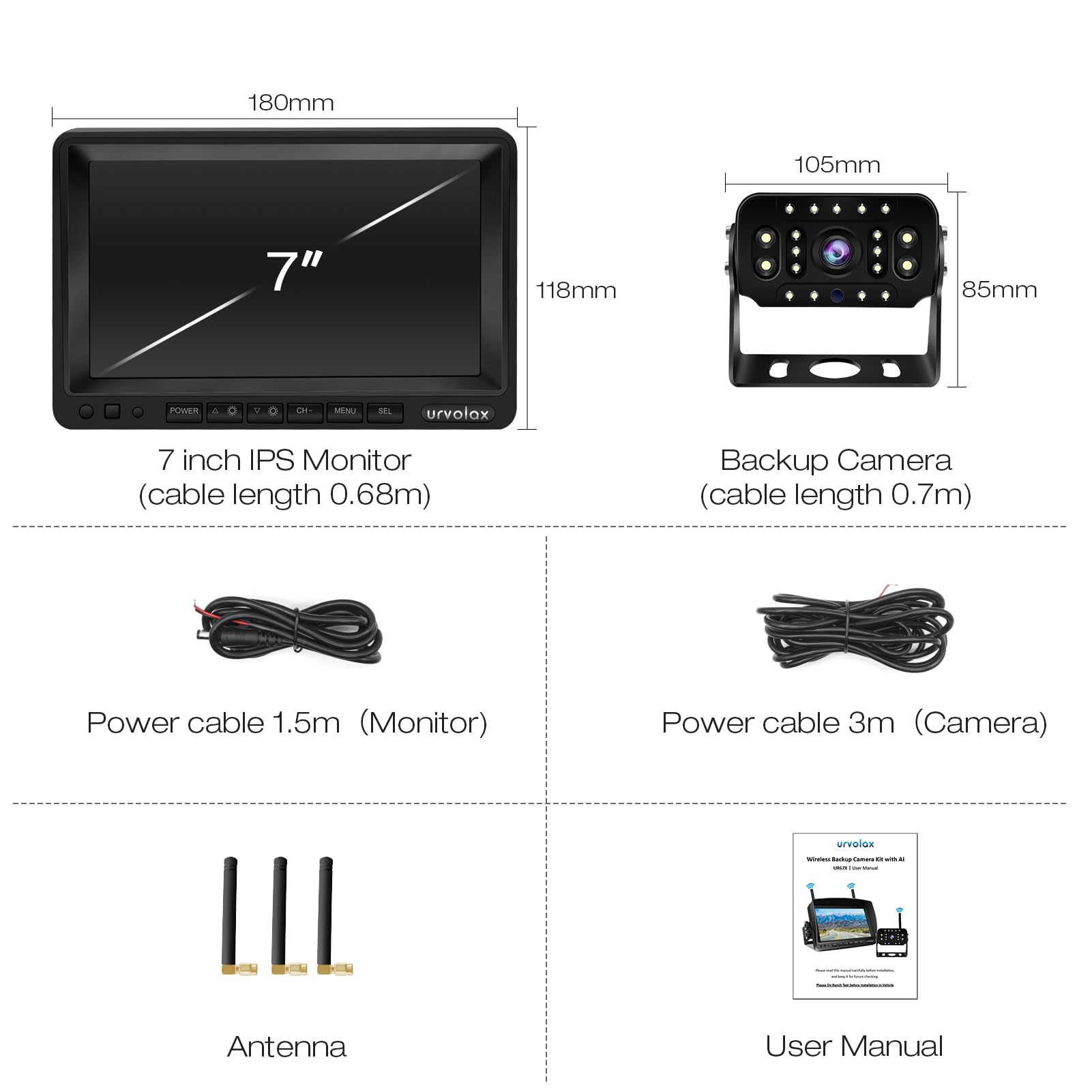 URVOLAX Retrocamera Wireless con Rilevamento AI e Allarme Acustico, Telecamera Posteriore con Monitor, 7" FHD 1080P Kit Sistema di Parcheggio Impermeabile per Camper, Roulotte, Furgoni e Rimorchi