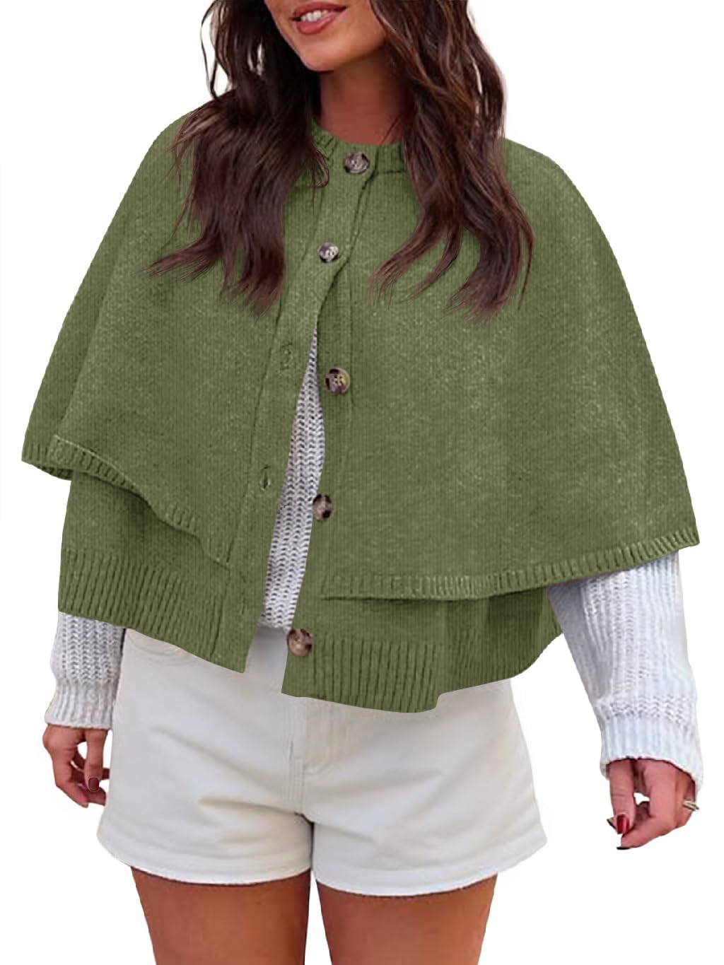 Saodimallsu Womens Cropped Cape Cardigan Button Up Crew Neck Jacket Shawl Fall Trendy Knit Sweater