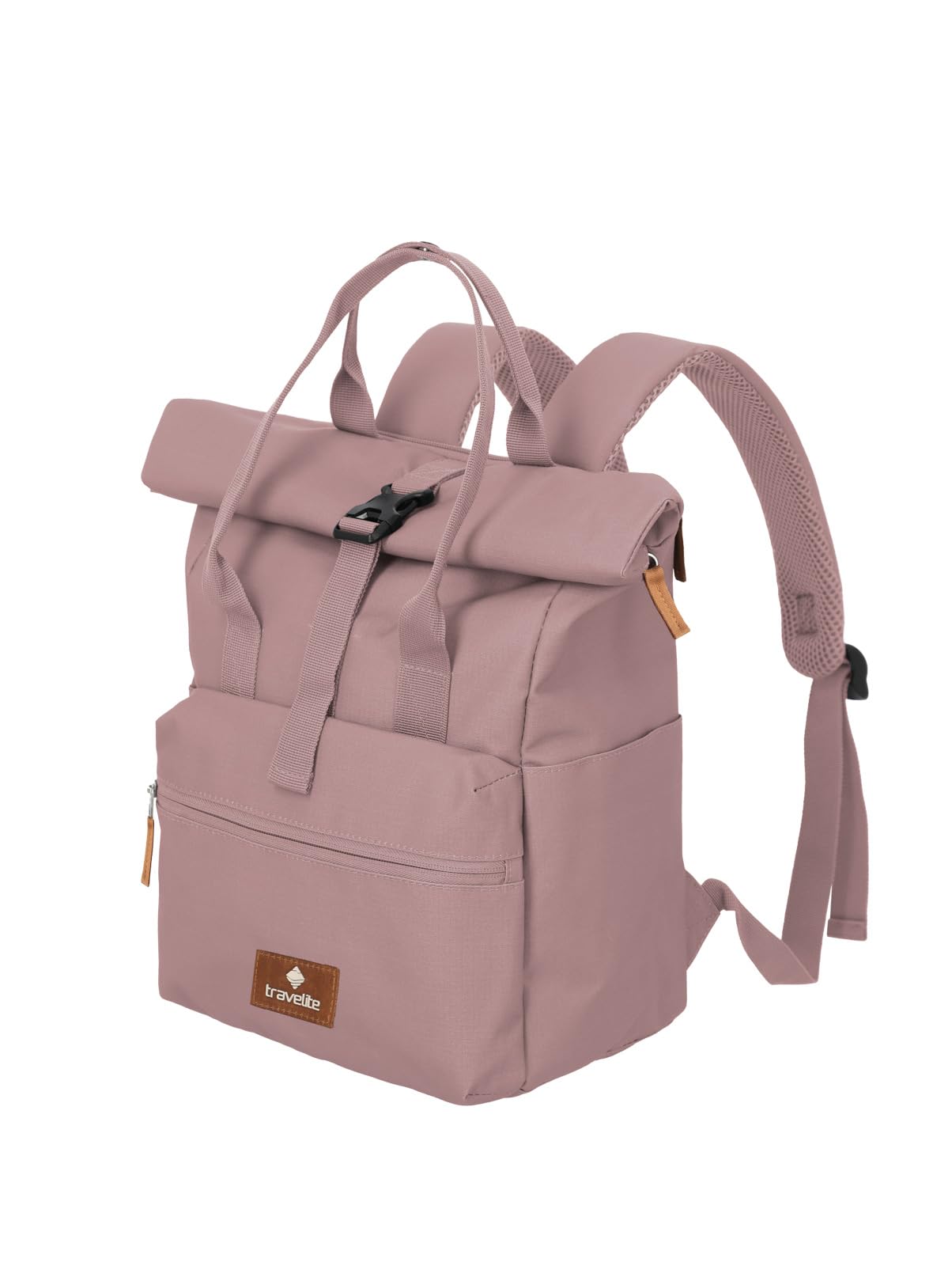 Travelite Hand Luggage Backpack, Laptop Backpack, 14 Inches, Basics Short Handle Rollup, Travel Backpack Rolltop Function, Rose (smoky rose), bis 46 cm, Rollup backpack with laptop compartment
