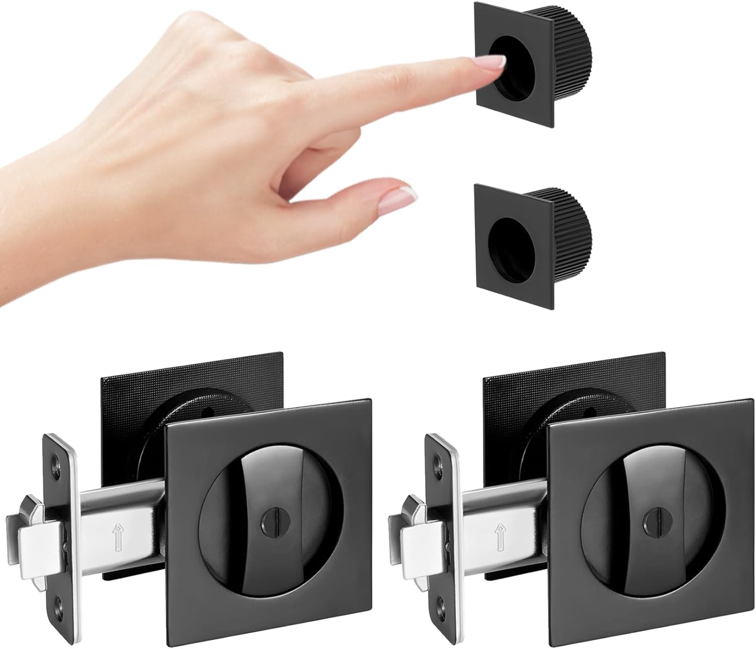 Matte Black Privacy Pocket Door Hardware, 2 3/4" Backset, Zinc Alloy Heavy Duty Square Pocket Door Lock Black, Solid Pocket Door Handle(2 Pack)