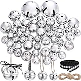 Skylety 50 Pieces Bell with Star Cutout Metal Sleigh Bell Rustic Christmas Xmas Tree Ornaments Assorted Size with Hanging Ribbon and Rope for Holiday Wreath Garland Craft Decorations (Silver Bells)
