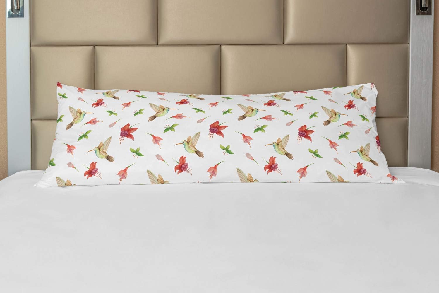 Lunarable Hummingbirds Body Pillow Case Cover with Zipper, Pattern with Exotic Jungle Vegetation Flowers Buds and Flying Birds, Decorative Accent Long Pillowcase, 21" x 54", Red Green