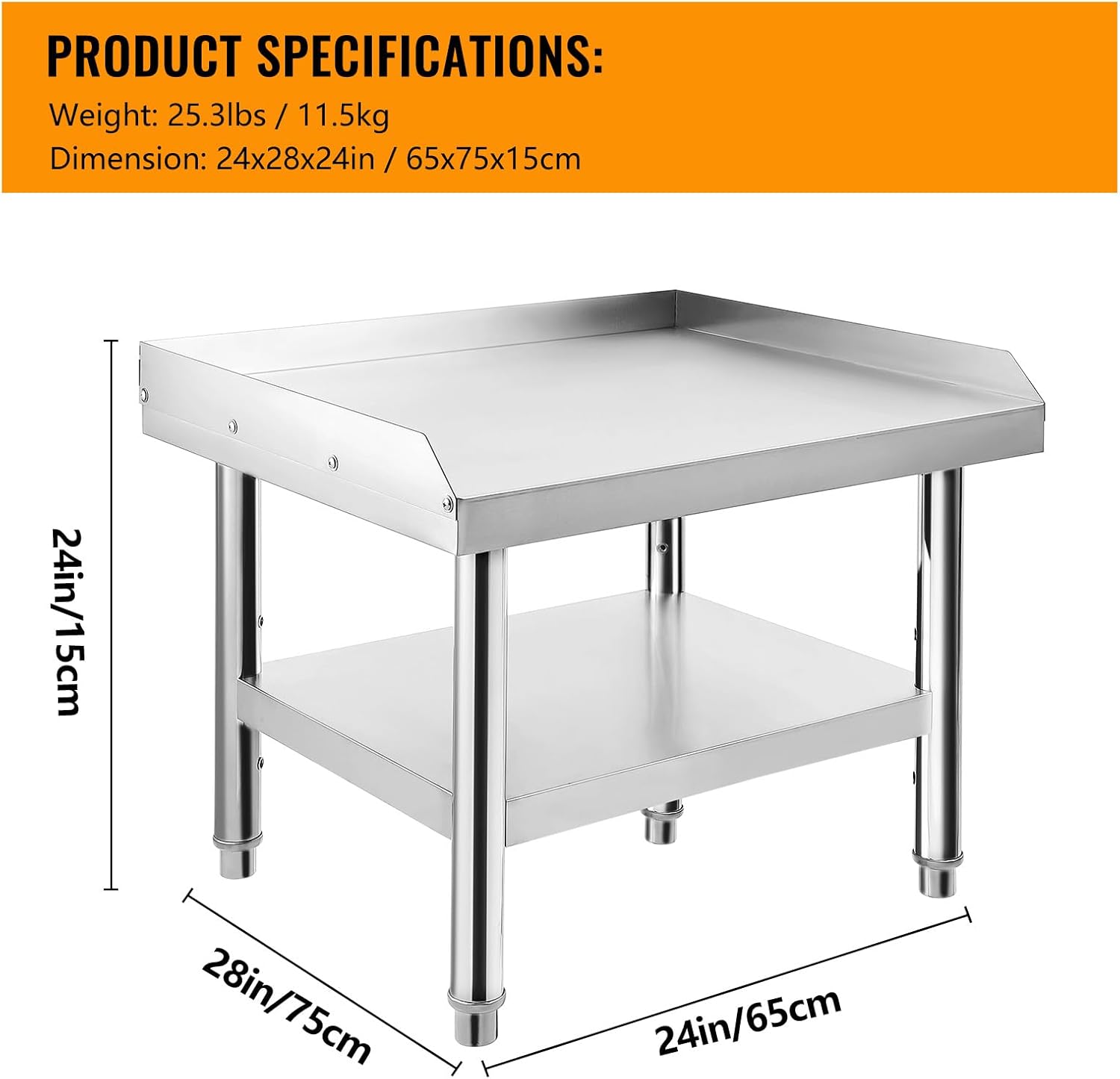 Stainless Steel Work Table, Metal Table Kitchen Prep Surface, Equipment Grill Stand, 24 x 28 x 24 inch Metal Kitchen Prep Table with Adjustable Storage Undershelf, Utility Table, 1000LBS