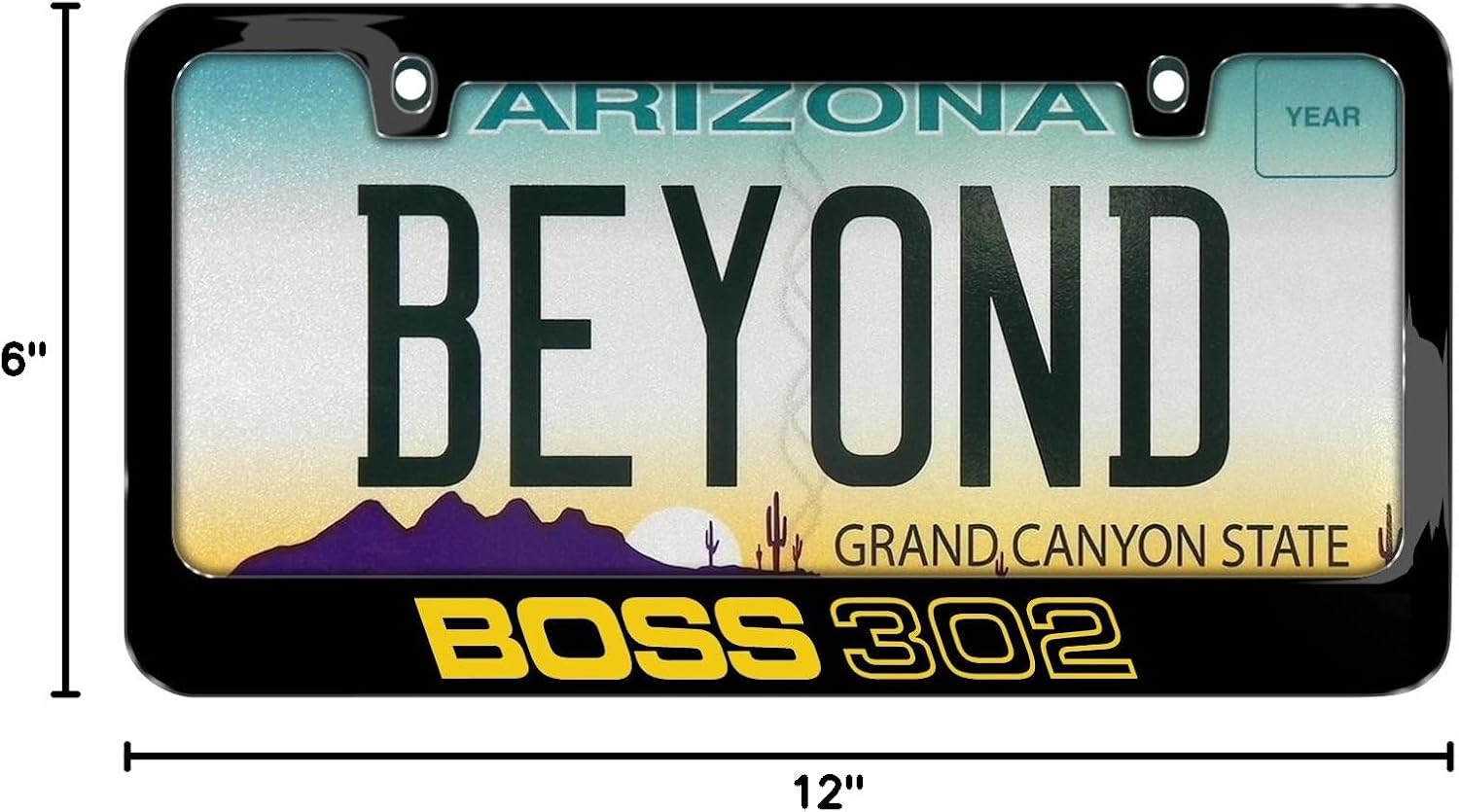 iPick Image for Ford Mustang Boss 302 in Yellow UV-LED Printed American-Made Black Metal License Plate Frame