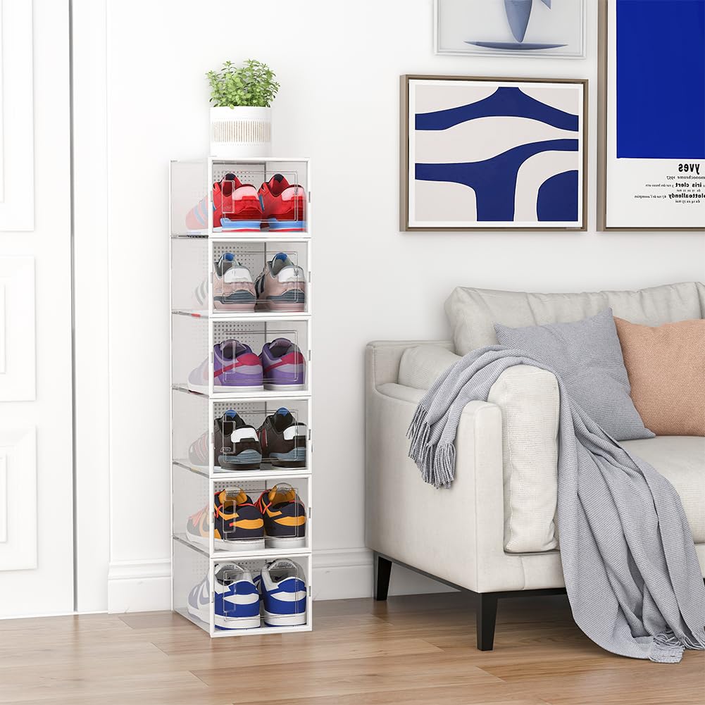 BAKAJI 12 cajas apilables para zapatos de plástico con copechi, montaje fácil, ahorran espacio transparentes, cajas organizadoras de almacenamiento, (juego de 12 unidades, 35 x 25 x 19 cm)