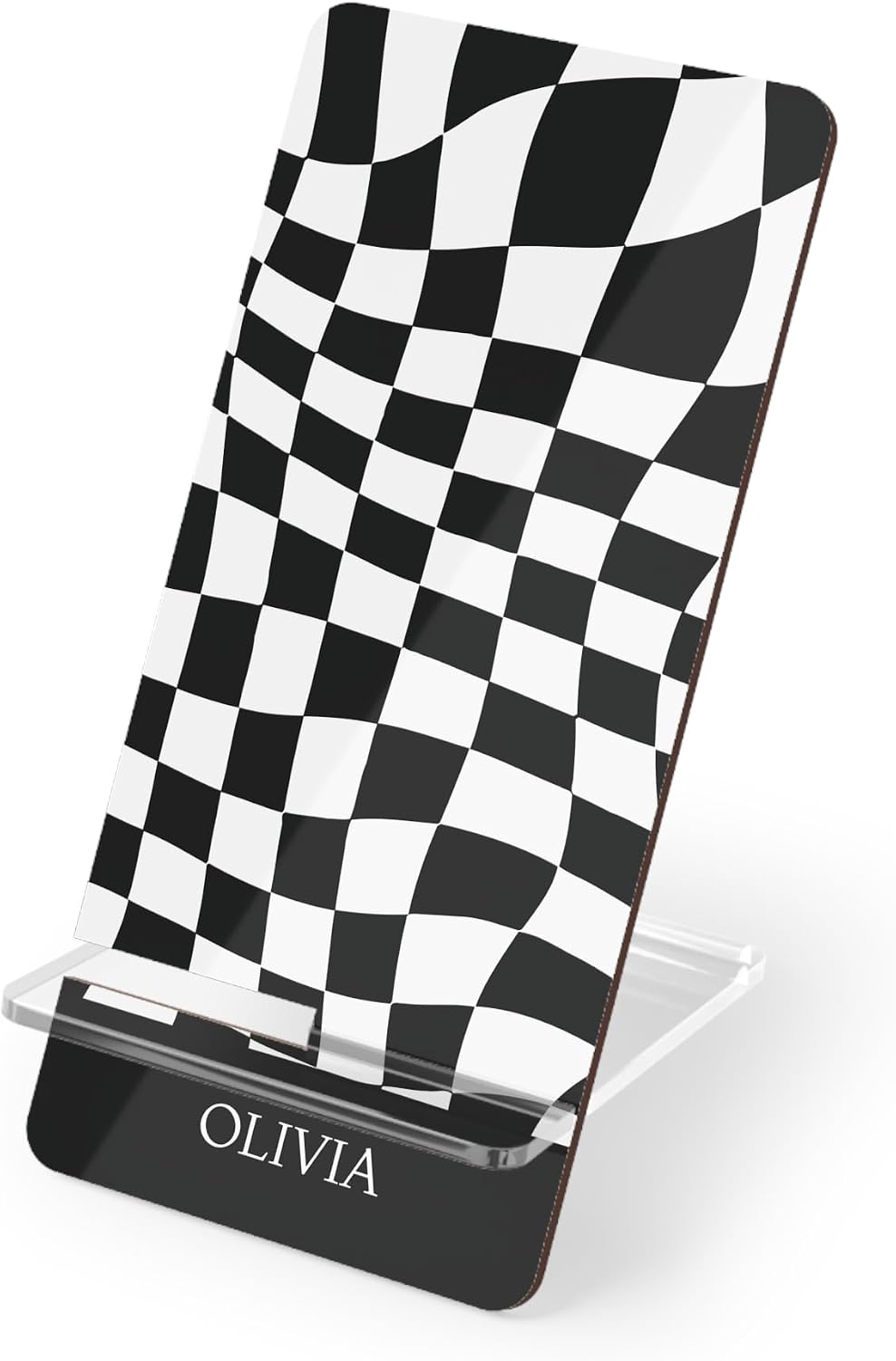 Personalized Phone Stand, Checkered Black and White Print Desk Accessory, Durable Hardboard Construction with Stable Base