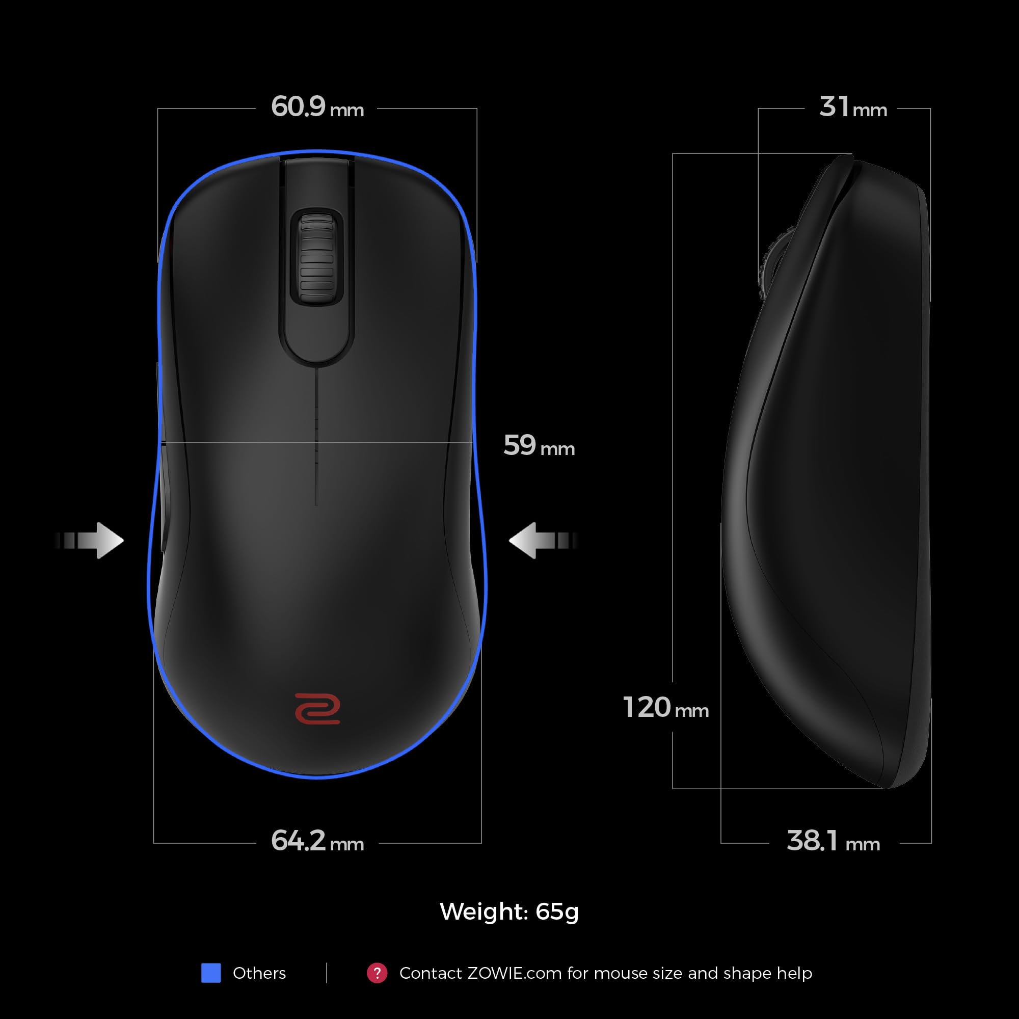 BenQ Zowie S2-DW Mysz bezprzewodowa 4K do e-sportu, technologia e-sportu, ulepszony odbiornik 4K, 65g, symetryczna, bez sterowników, czujnik 3950, częstotliwość odpytywania 4K