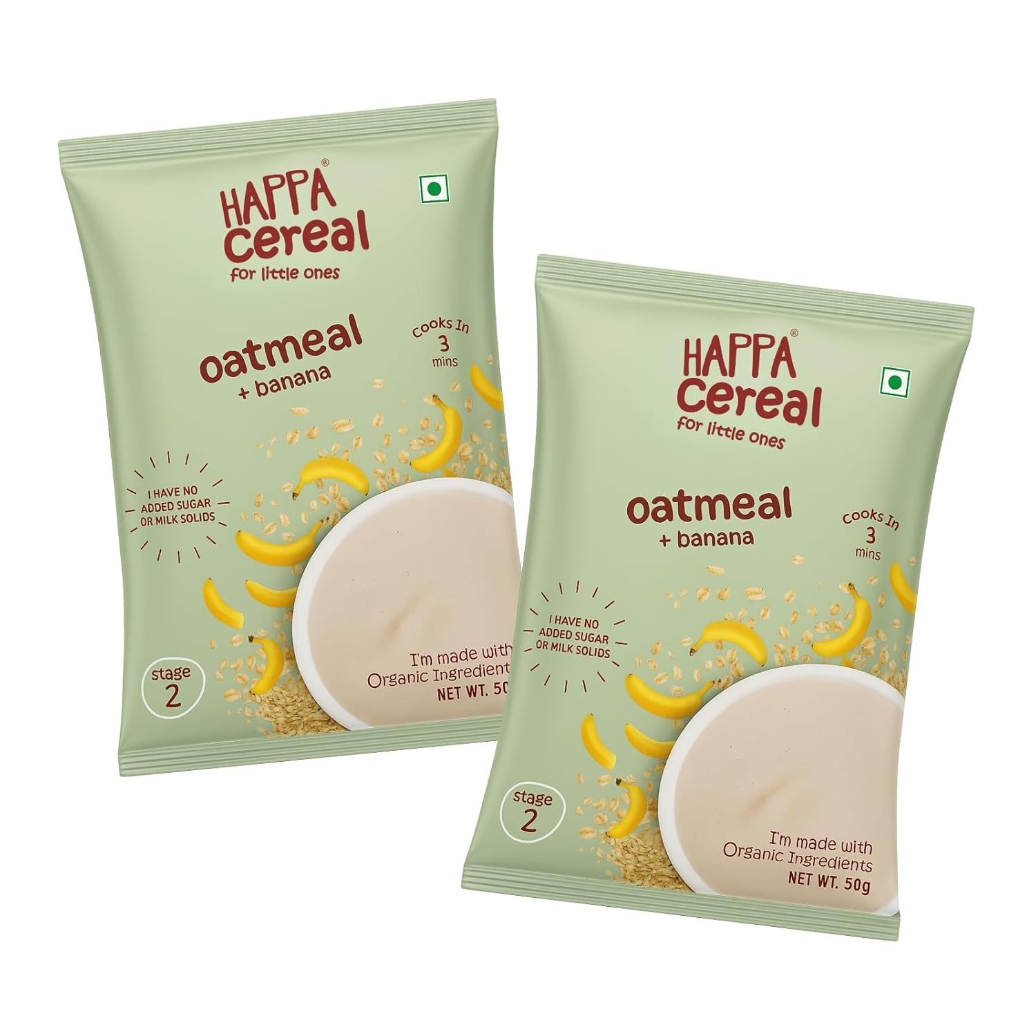 Happa Oatmeal and Banana Cereal for Babies | Only 2 Ingredients | No Sugar, Oil, Milk Powder, Flavours or Colours | Traditional Porridge Recipe | Cooks in 3 Minutes | Stage 2 (6 Months+) | 50g Pack of 2