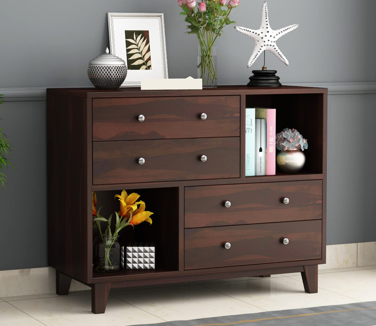 Solid Sheesham Wood Sideboard Cabinet with 4 Drawer & 2 Shelves - Chest of Drawers Wooden Drawer Storage Cabinet for Bedroom Living Room Storage Furniture (Walnut Fininsh, Liam)-image-22