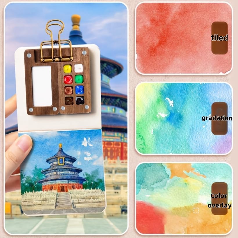 Compact Travel Watercolor Palette Pocket Set - This Set Includes a Portable Wooden Palette with 8 Compartments, a 12-Color Paint Box, a Portable Outdoor Sketch Palette, a Wooden Grid Box